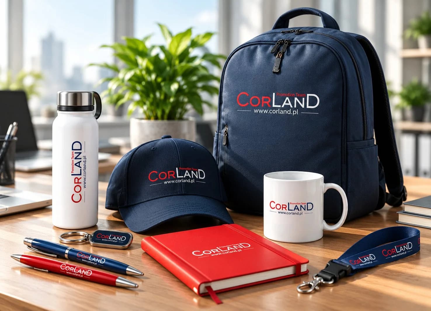 Plecak, czapka, bidon, kubek i notes z logo Corland